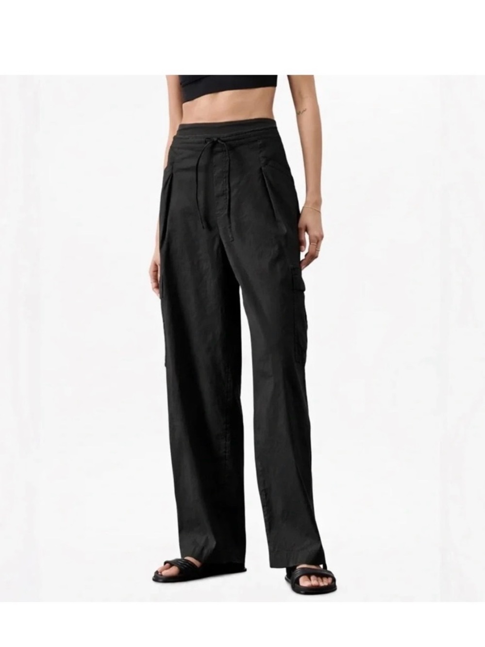 NWT Athleta Paradise Straight Leg Cargo Pant Black Womens Small Linen Blend $119